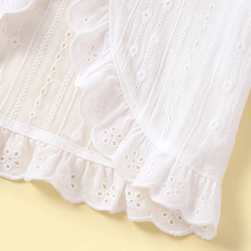 Girls White Schiffli Embroidered Long Sleeve Shrug Tops