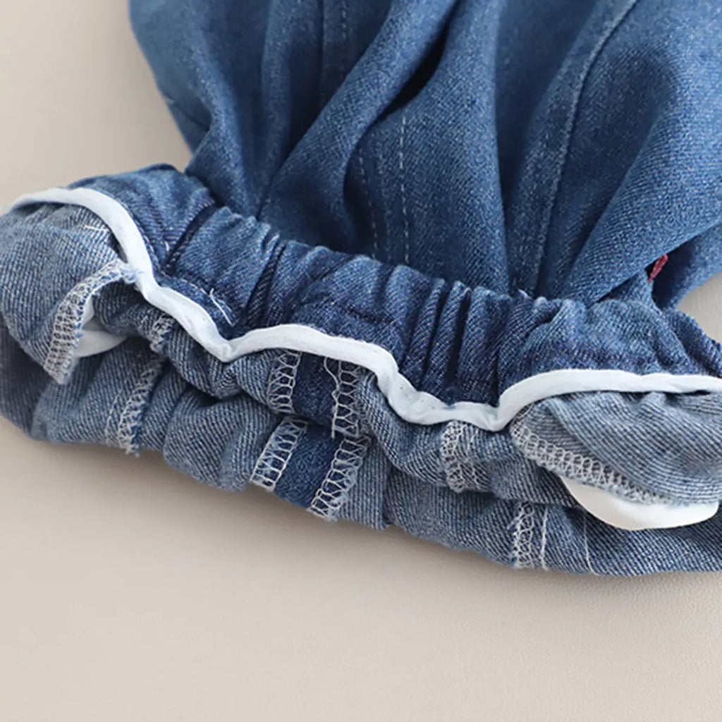 Girls Blue Denim Vest With Printed Top & Denim Pants Set Sets