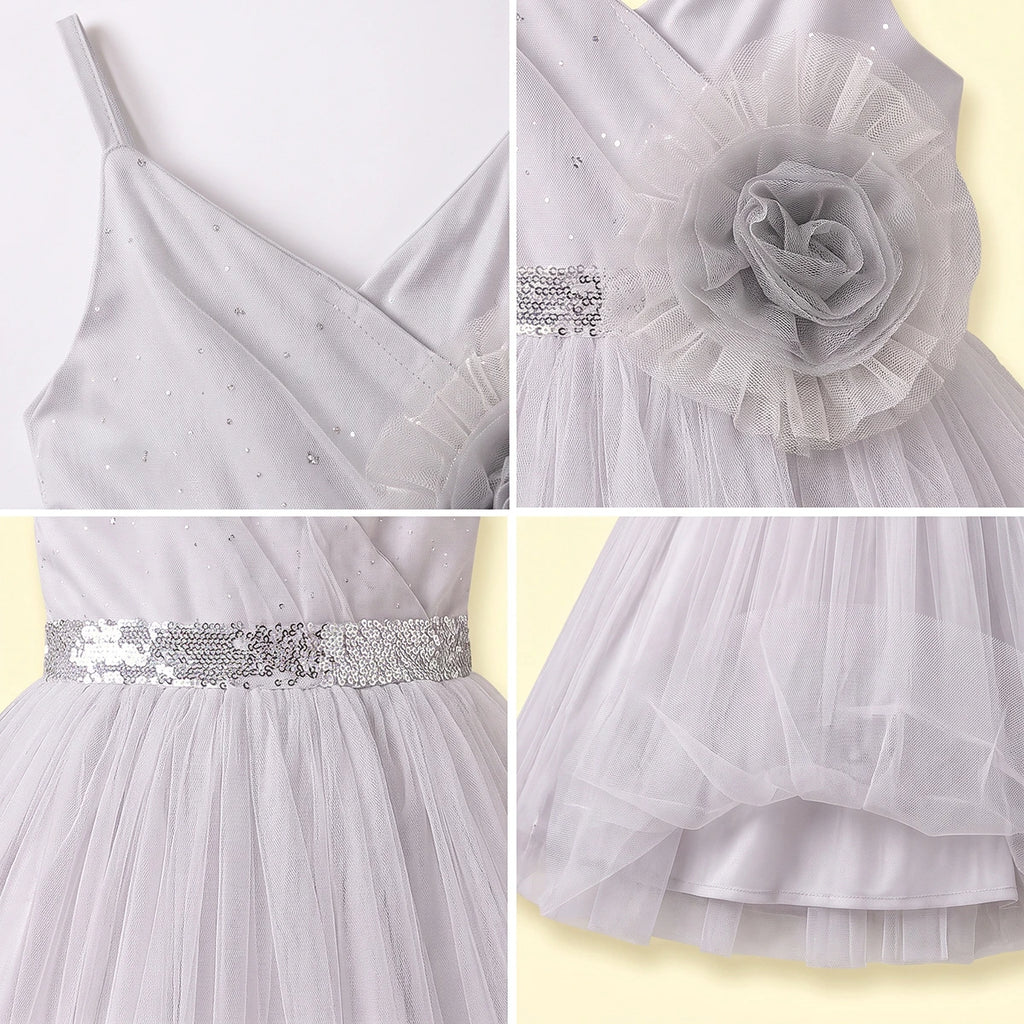 Girls Light Grey Floral Applique Sleeveless Fit & Flare Dress Party Dresses