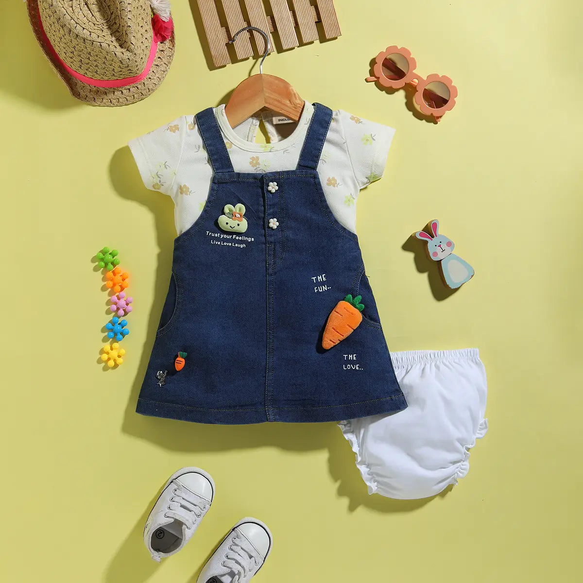 Girls Yellow Applique Printed T-Shirt With Denim Dungaree and Diaper Cover Sets 3 pc. Sets Yellow 0-3 M