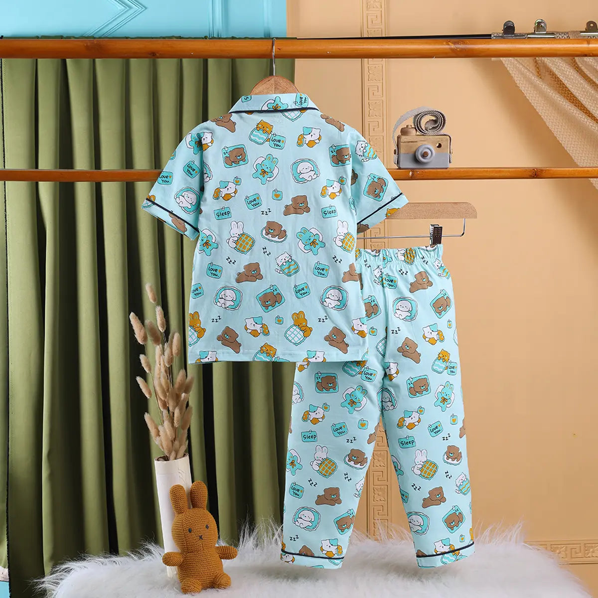 Girls Sea Green Bear Print Short Sleeve Shirt With Elasticated Pants Sets Sets