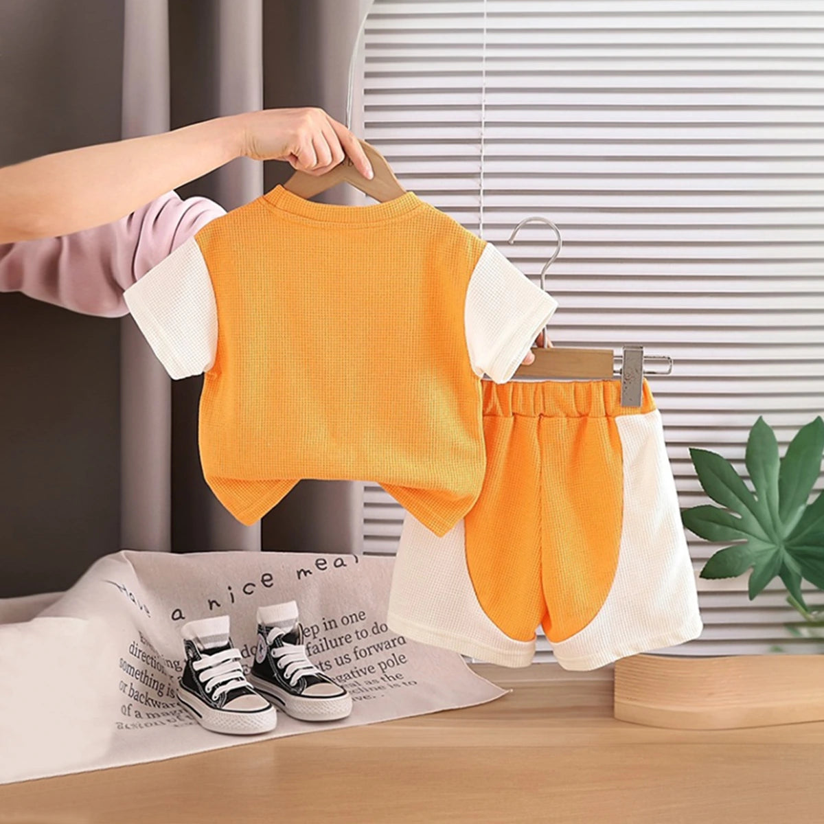 Boys Orange Horse Printed Short Sleeve T-Shirt With Elasticated Shorts Sets 2 pc. Sets