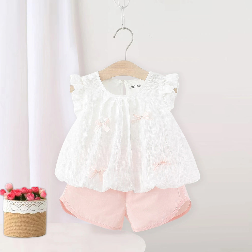 Girls White Textured Sleeveless Top With Elasticated Shorts Sets 2 pc. Sets White 1-2 Y