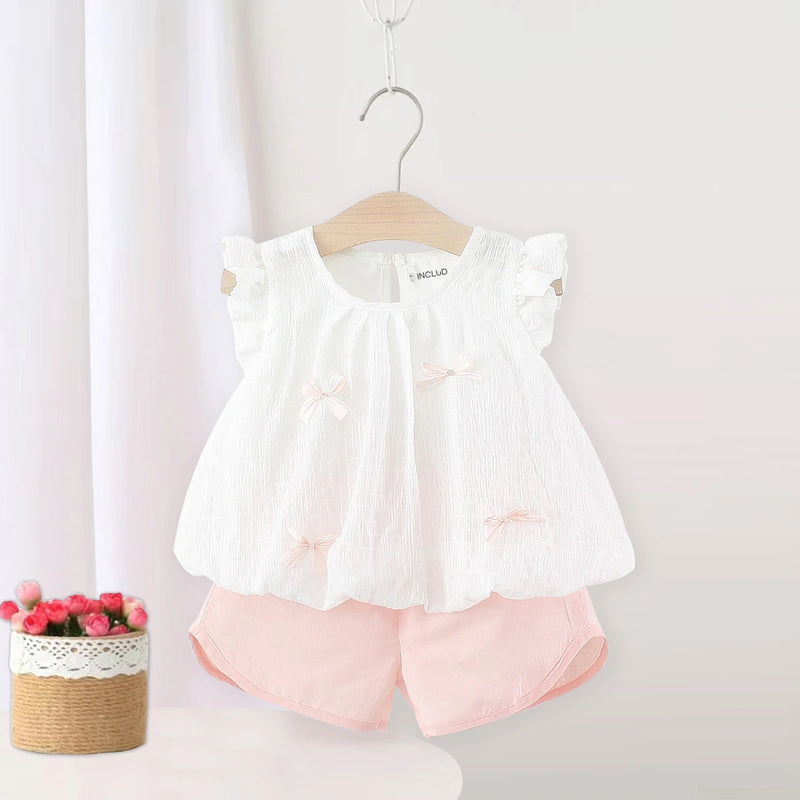 Girls White Textured Sleeveless Top With Elasticated Shorts Sets 2 pc. Sets White 1-2 Y
