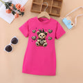 Girls Fuchsia Teddy Bear Graphic Short Sleeve T-Shirt Dress Casual Dresses Fuchsia 4-5 Y