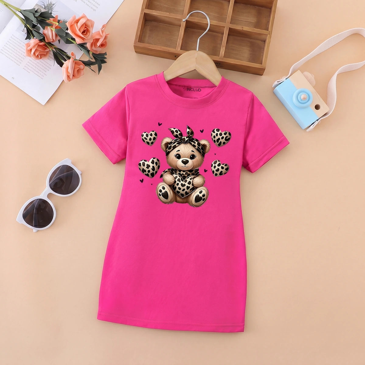 Girls Fuchsia Teddy Bear Graphic Short Sleeve T-Shirt Dress Casual Dresses Fuchsia 4-5 Y