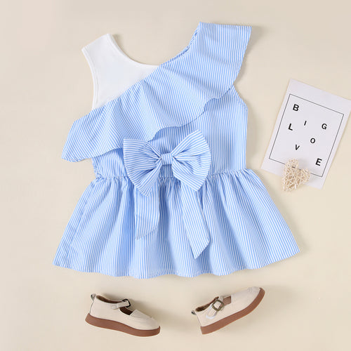 Girls Blue Stripes Sleeveless Summer Tops With Bow Tops