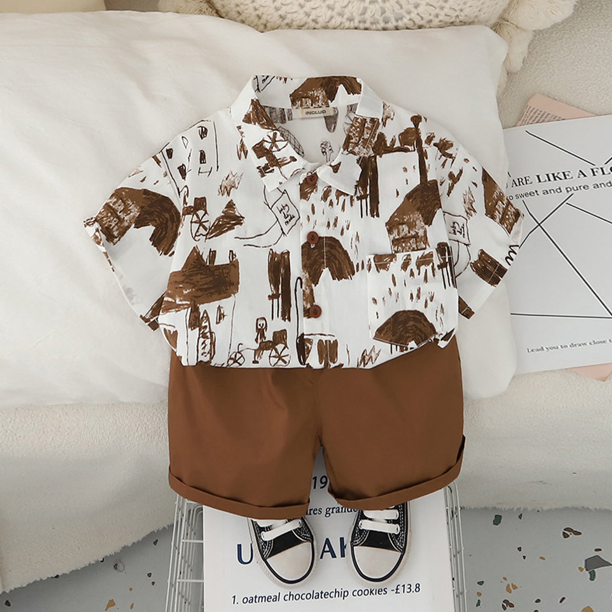 Boys Abstract Printed Short Sleeves Shirt With Brown Shorts Set 2 pc. Sets Brown 1-2 Y
