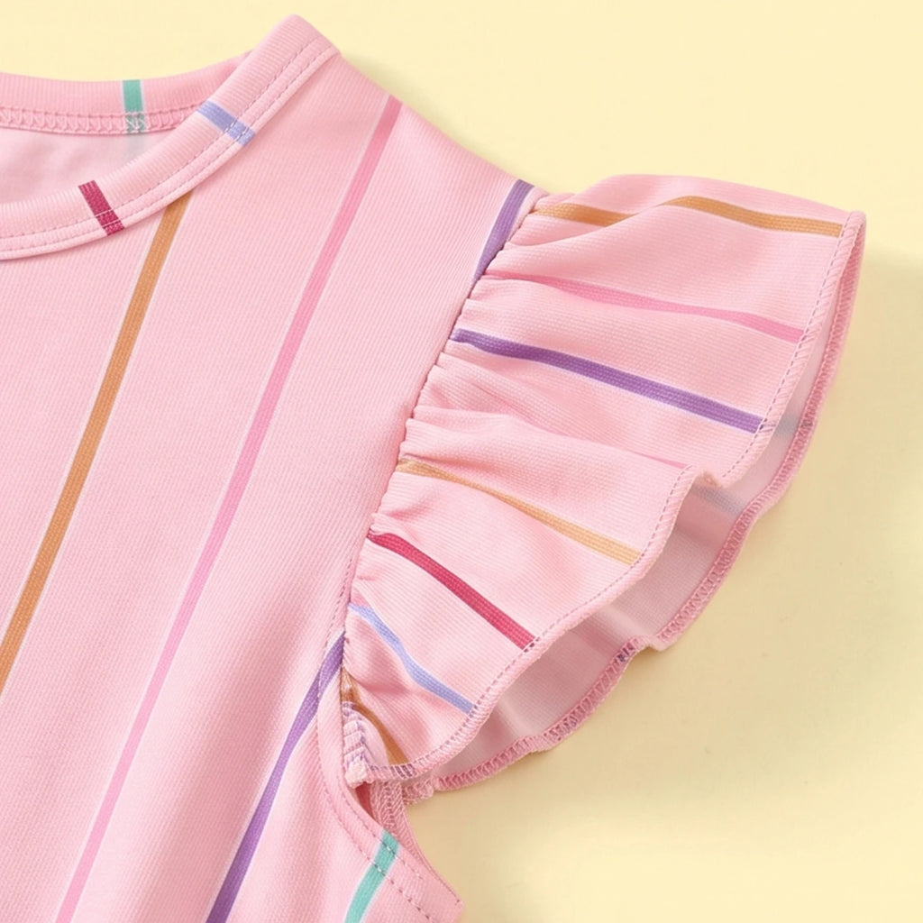 Girls Pink Striped Flutter Sleeve A-line Dress Casual Dresses