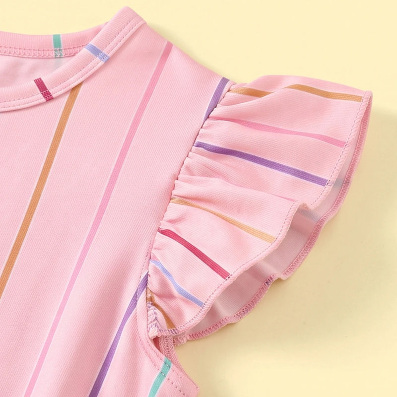 Girls Pink Striped Flutter Sleeve A-line Dress Casual Dresses