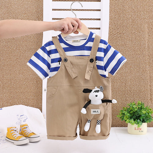Boys Blue Stripes Short Sleeve T-Shirt And Dungaree Set With Teddy Applique 2 pc. Sets Blue 1-2 Y
