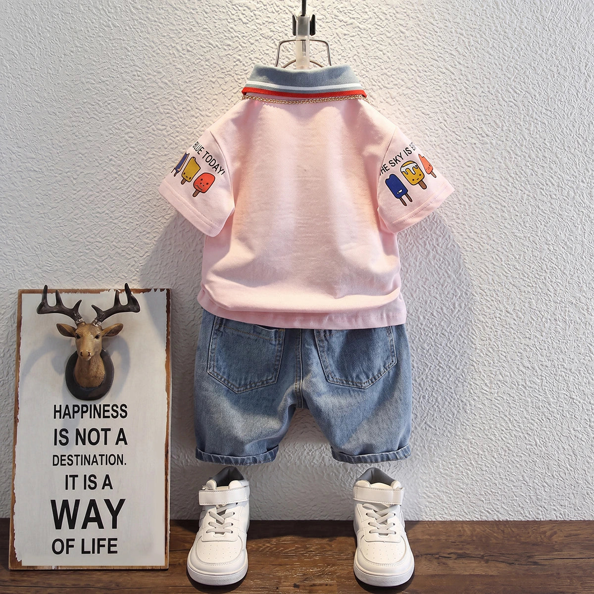 Boys Light Pink Short Sleeve Polo T-Shirt With Denim Shorts Sets 2 pc. Sets