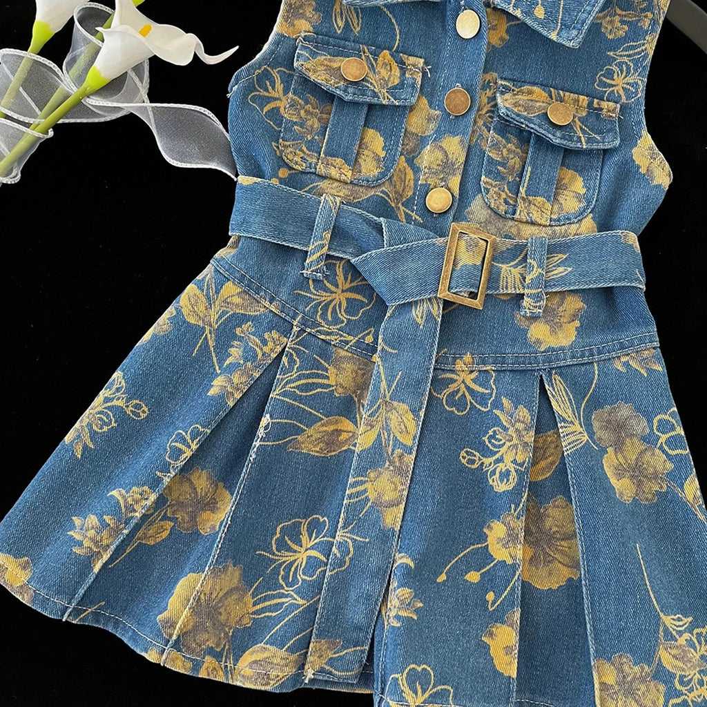 Girls Blue Floral Printed Pleated A-line Denim Dress Casual Dresses