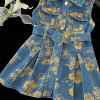 Girls Blue Floral Printed Pleated A-line Denim Dress Casual Dresses