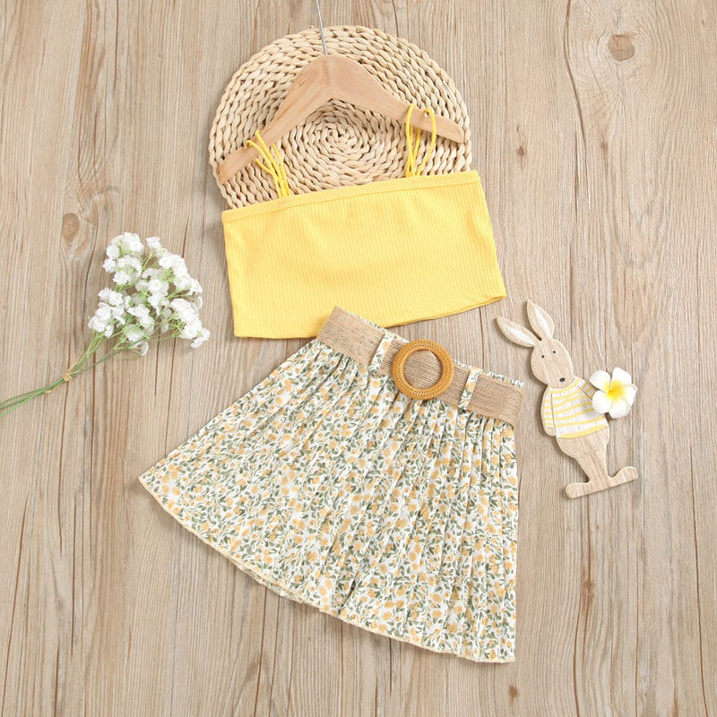 Girls Camisole Top With Floral Printed Pleated Skirt Set Sets Yellow 1-2 Y