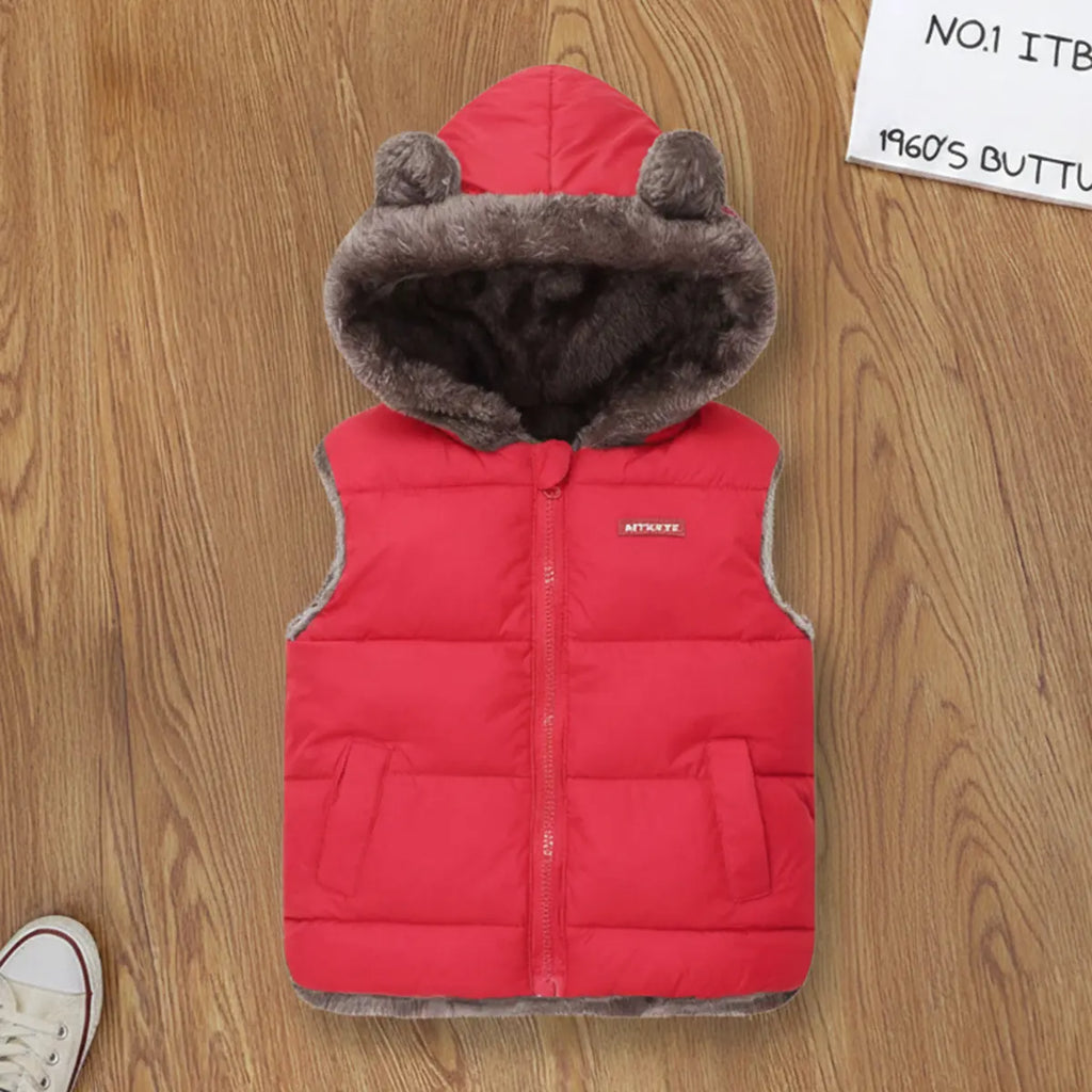 Girls Red Sleeveless Hooded Puffer Vest With Faux-fur Trim Coats & Jackets Red 2-3 Y