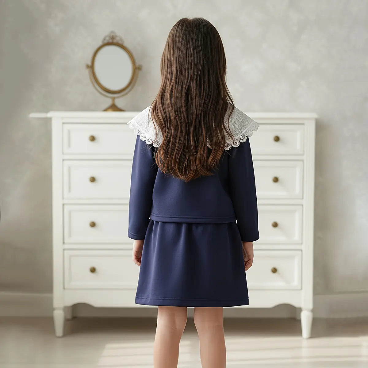 Girls Navy Blue Big Collar Long Sleeves Lace Jacket With Skirt Sets Sets