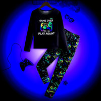 Boys Black Gaming Printed Glow in the Dark T-Shirt & Pajama Winter Set 2 pc. Sets Black 7-8 Y