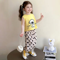 Girls Yellow Sleeveless Animal Graphic Top With Polka Dot Harem Pants Sets Sets