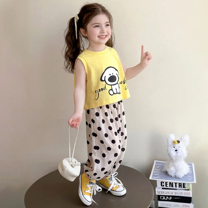 Girls Yellow Sleeveless Animal Graphic Top With Polka Dot Harem Pants Sets Sets