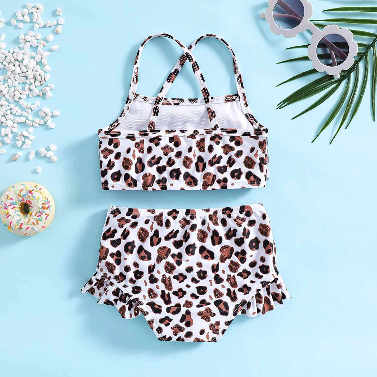 Girls White Leopard Print Top With Briefs Swimwear Sets Sets