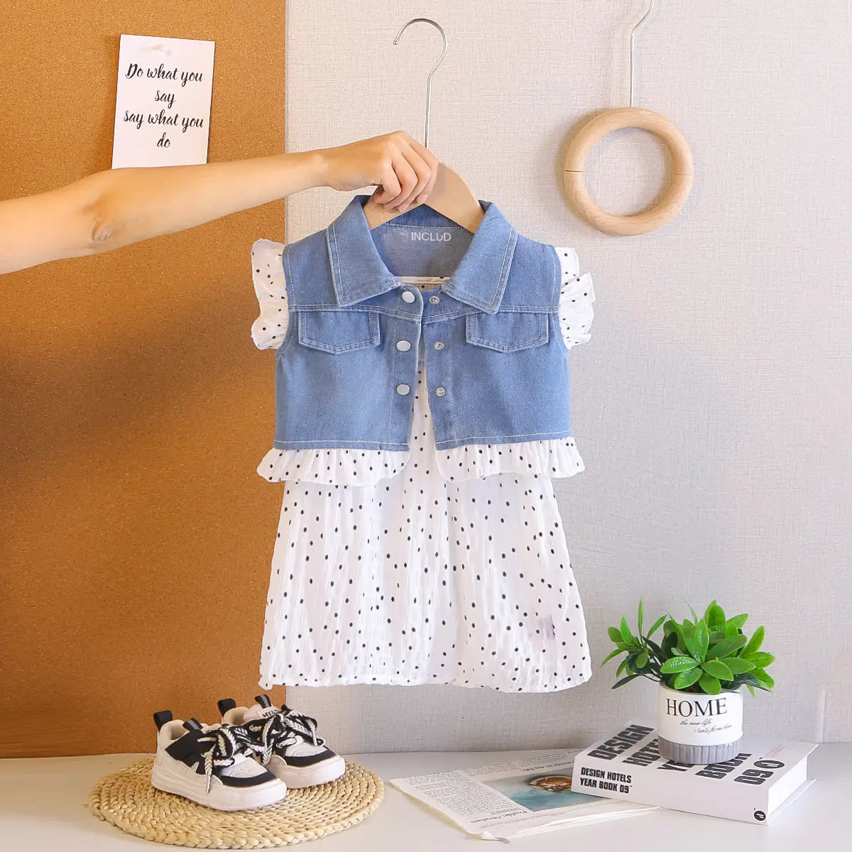 Girls White Polka Dot Spaghetti Strap A-line Dress with Denim Jacket Casual Dresses White 1-2 Y