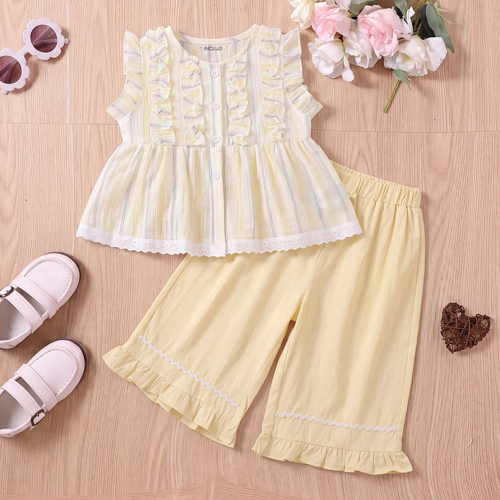 Girls Light Yellow Striped Ruffle Top With Capri Sets 2 pc. Sets Yellow 1-2 Y