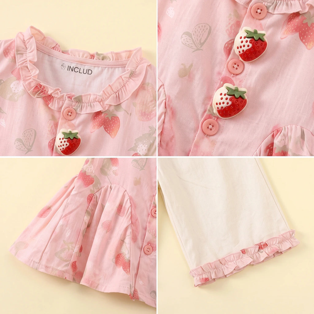 Girls Light Pink Strawberry Print Sleeveless Top With Pants Sets 2 pc. Sets
