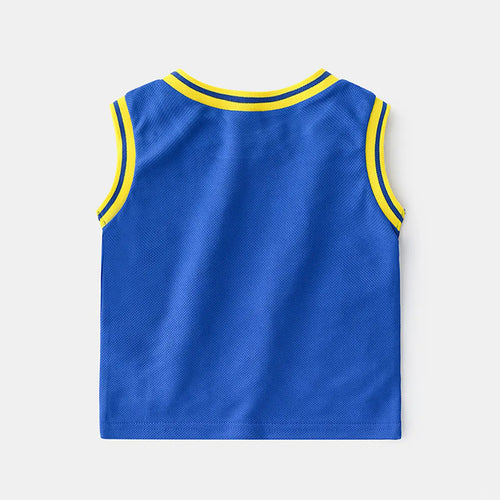 Boys Blue Alphanumeric Printed Sleeveless T-Shirt With Shorts Set Sets