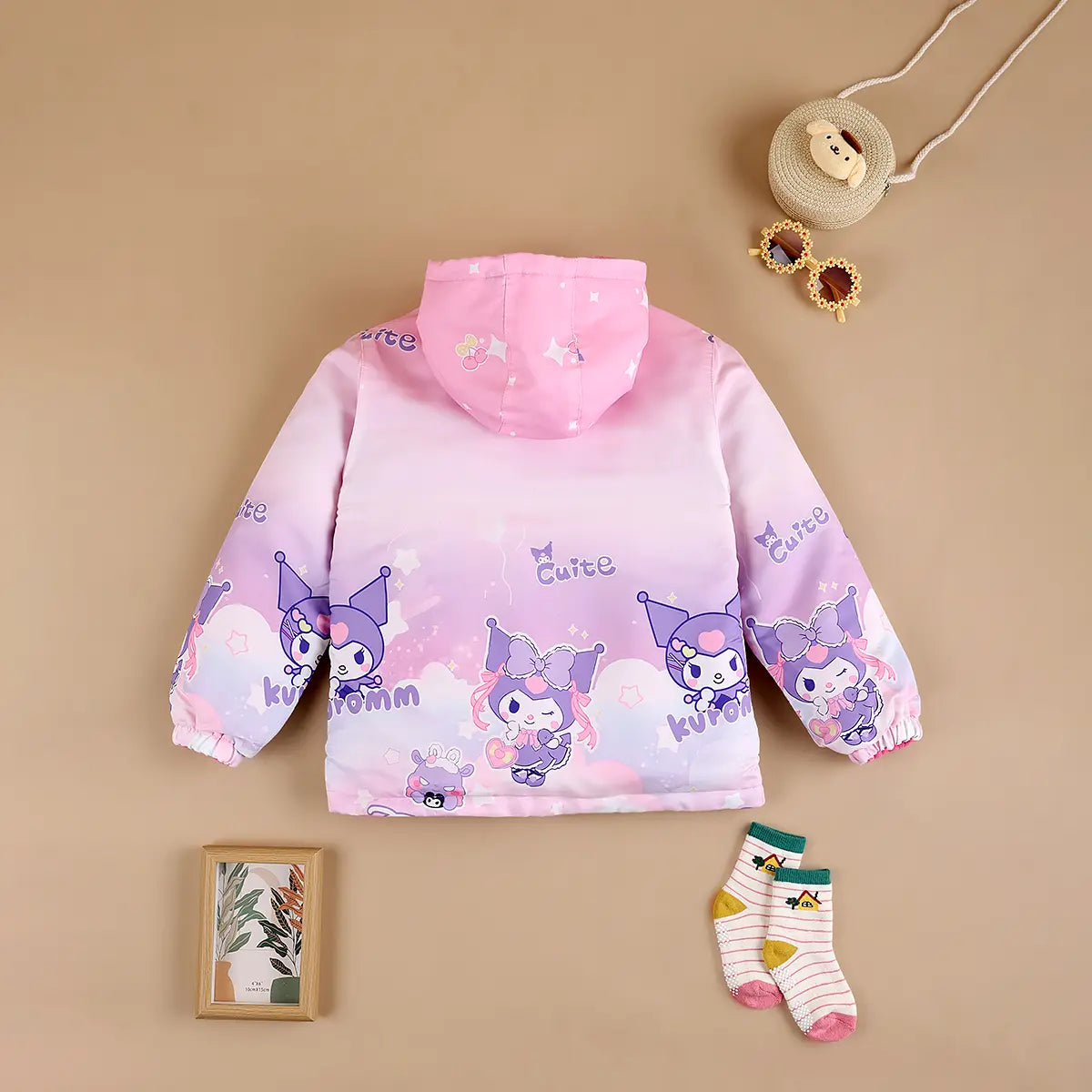 Girls Light Pink Kuromi Cartoon Printed Reversible Hooded Zipper Jacket Coats & Jackets