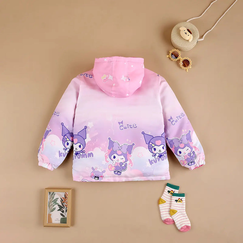 Girls Light Pink Kuromi Cartoon Printed Reversible Hooded Zipper Jacket Coats & Jackets