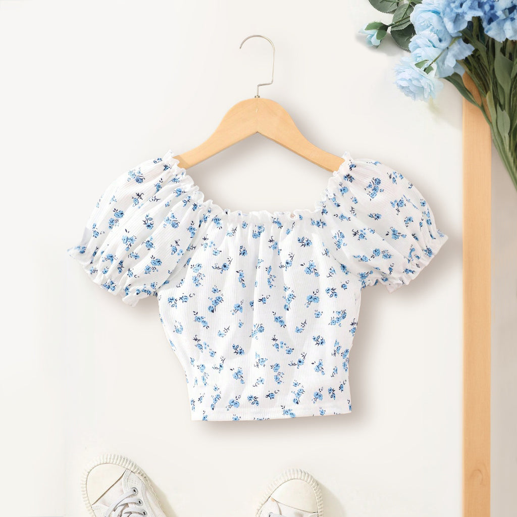 Girls White Floral Printed Raglan Sleeves Top Tops