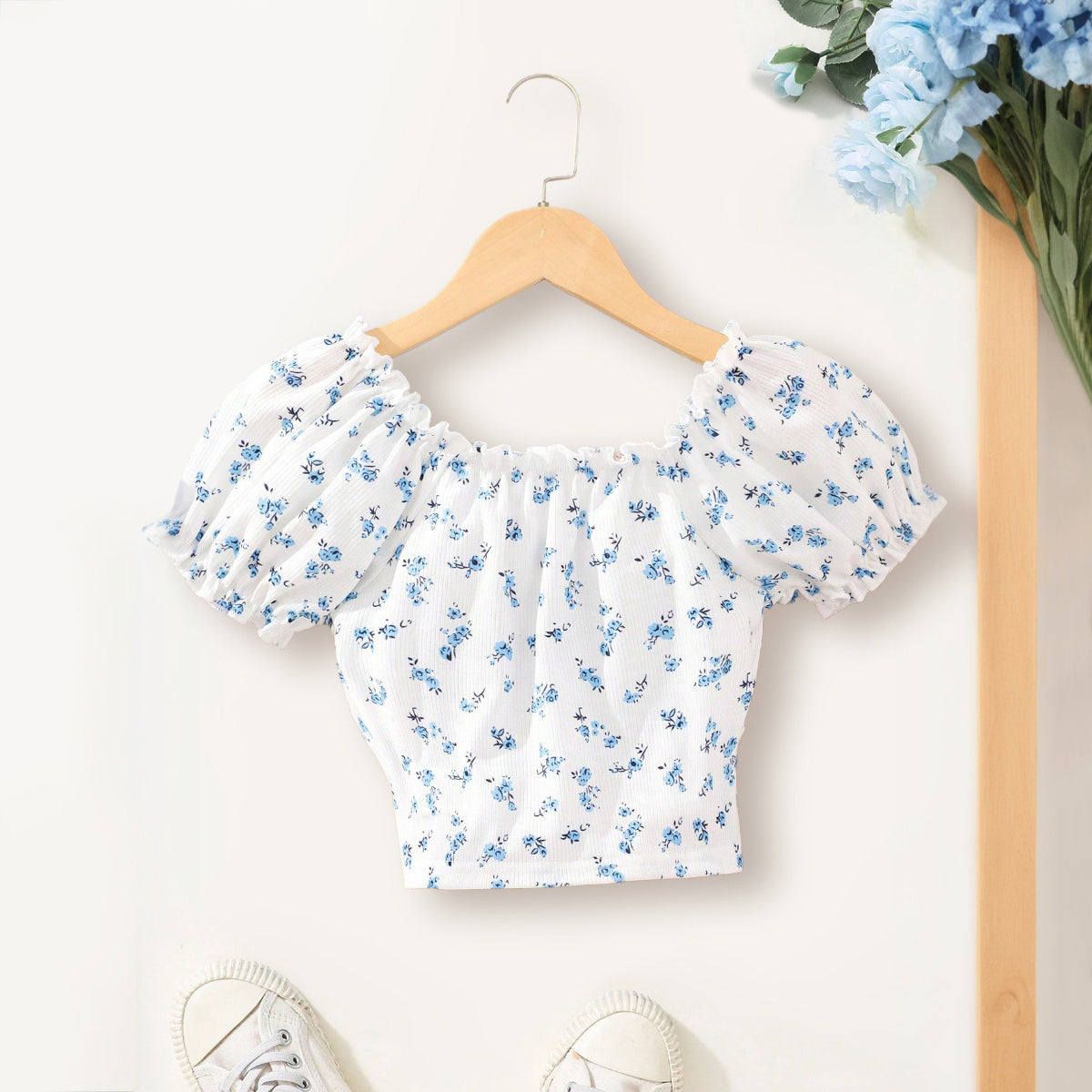 Girls White Floral Printed Raglan Sleeves Top Tops