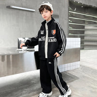 Boys Black Alphanumeric Printed Oversized Zip-up Jacket With Pants Sets Sets