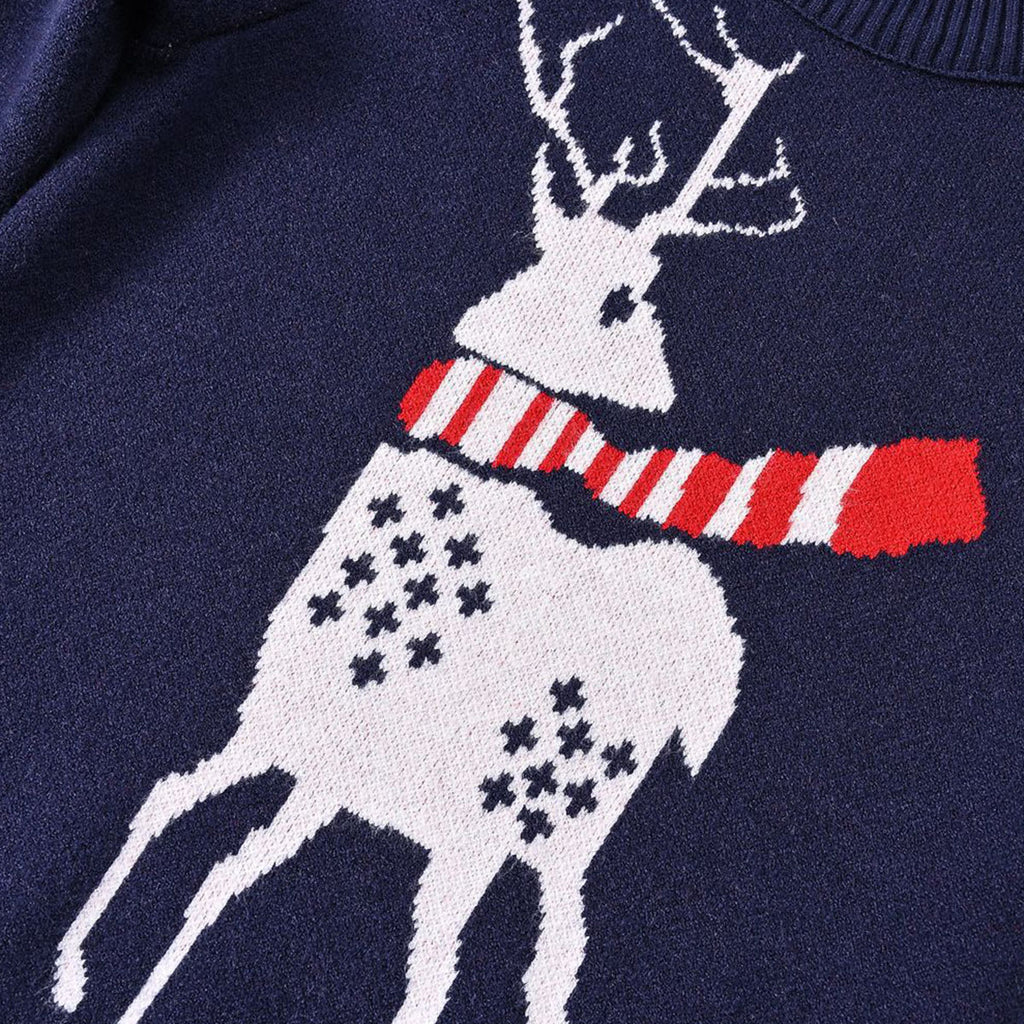 Girls Navy Blue Reindeer Self-Designed Winter Pullover Sweater Sweaters & Cardigans