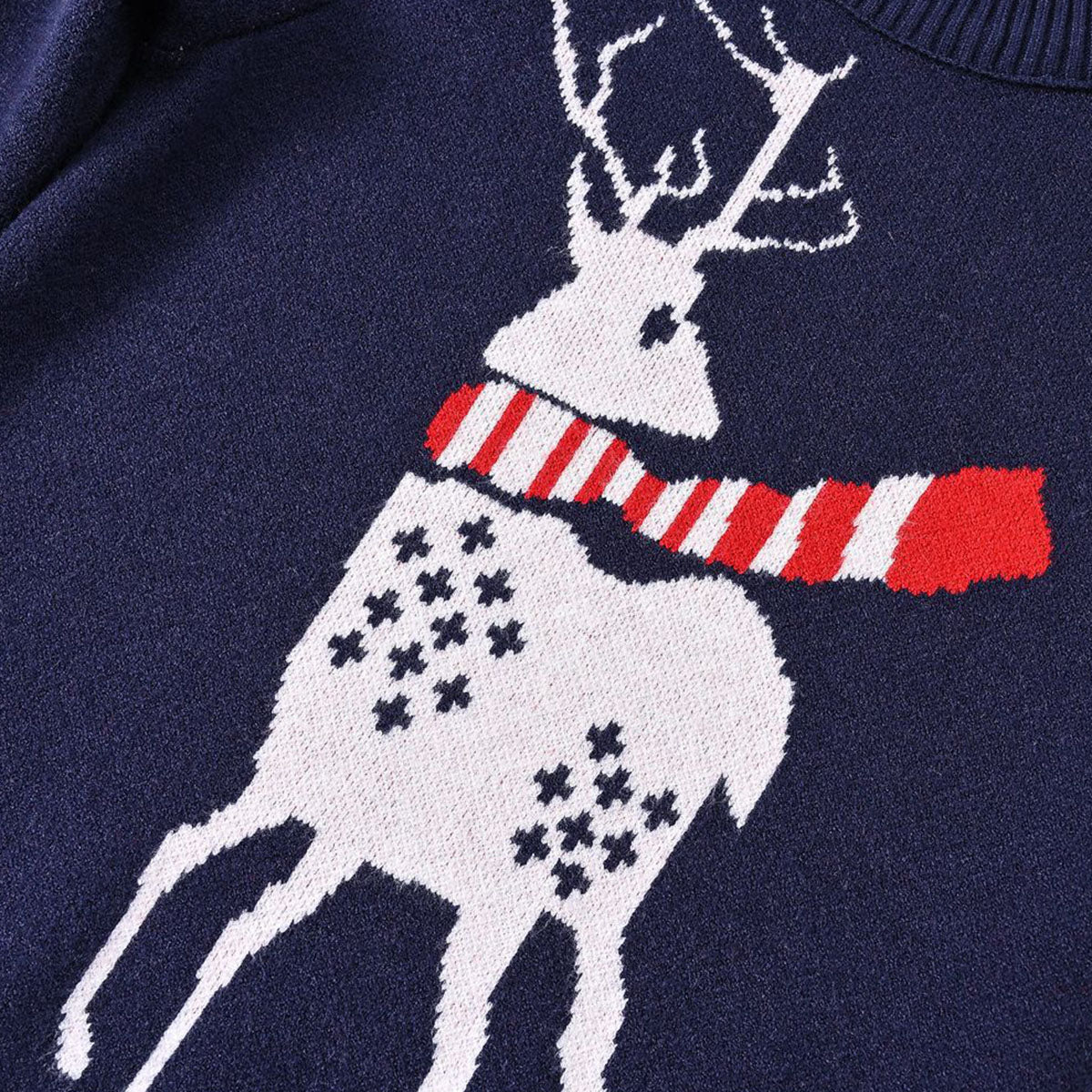 Girls Navy Blue Reindeer Self-Designed Winter Pullover Sweater Sweaters & Cardigans