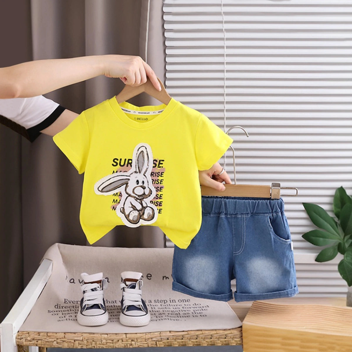 Boys Yellow Bunny Short Sleeve T-Shirt With Elasticated Denim Shorts Sets 2 pc. Sets Yellow 1-2 Y