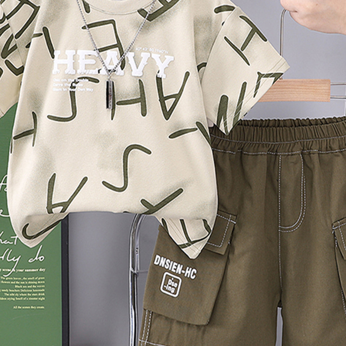 Boys Alphabetic Printed T-Shirt With Green Cargo Shorts Set 2 pc. Sets