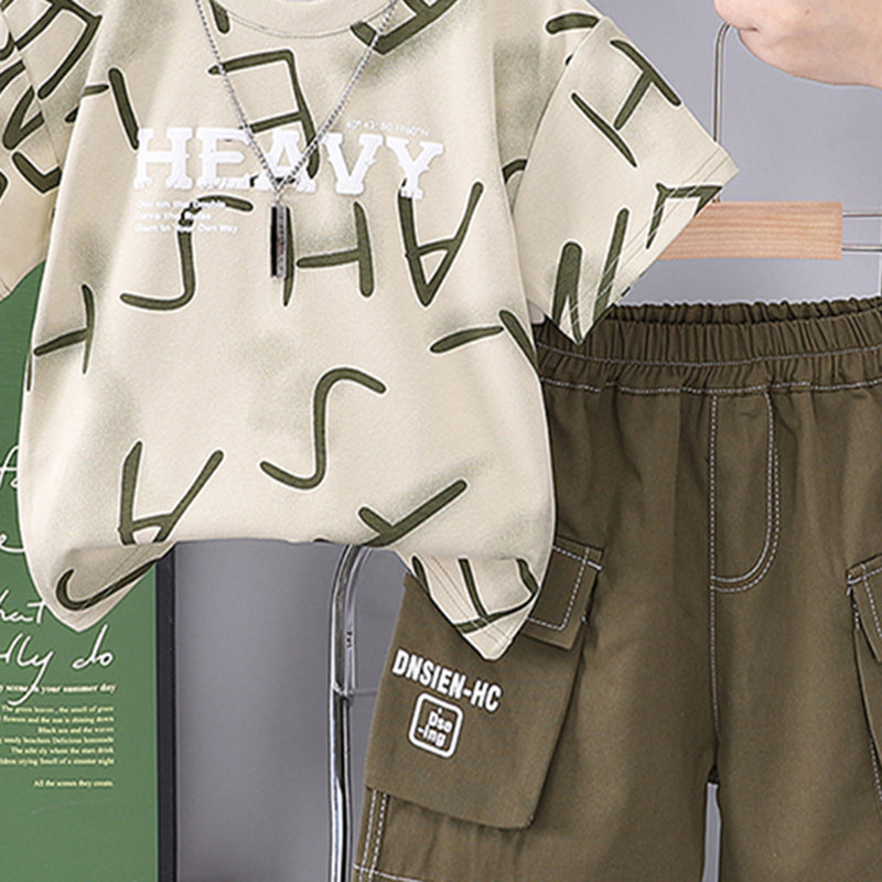Boys Alphabetic Printed T-Shirt With Green Cargo Shorts Set 2 pc. Sets