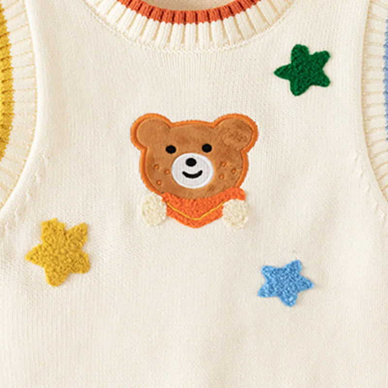 Girls Off White Bear Face Applique Sweater Vest Sweaters & Cardigans