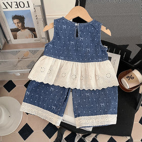 Girls Blue Polka Dot Print Sleeveless Peplum Top With Pants Sets 2 pc. Sets