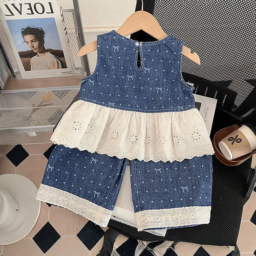 Girls Blue Polka Dot Print Sleeveless Peplum Top With Pants Sets 2 pc. Sets