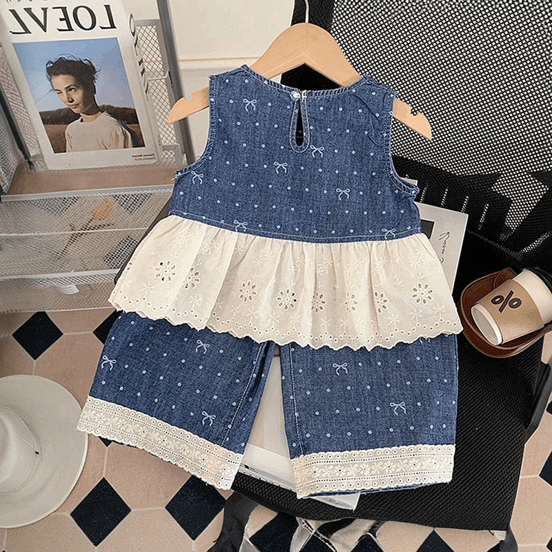 Girls Blue Polka Dot Print Sleeveless Peplum Top With Pants Sets 2 pc. Sets