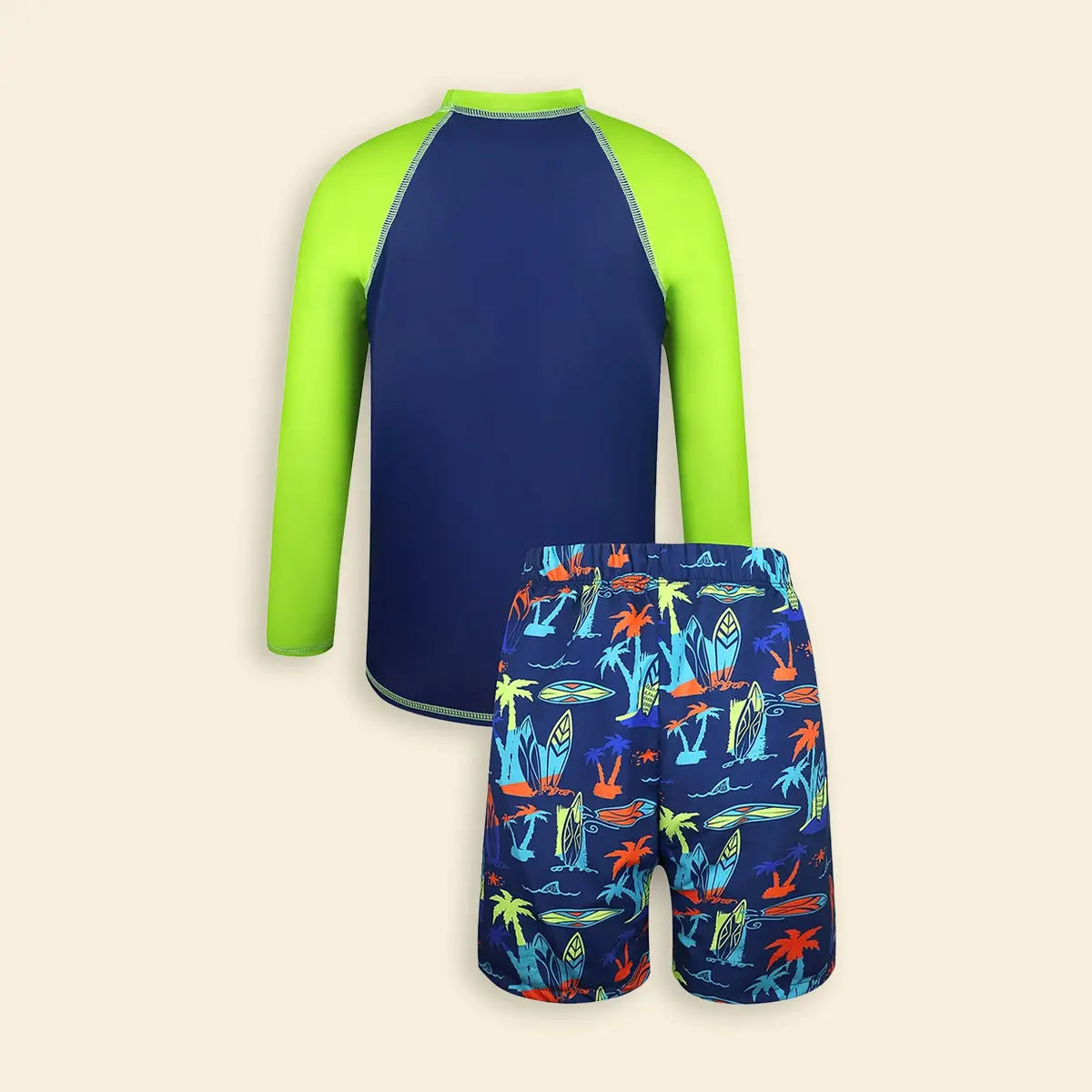 Boys Green Typographic Printed Long Sleeves T-Shirt & Shorts Swimsuit Sets Sets