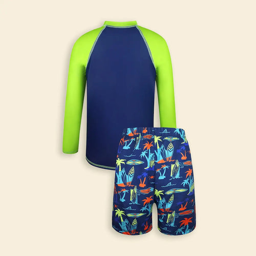 Boys Green Typographic Printed Long Sleeves T-Shirt & Shorts Swimsuit Sets Sets