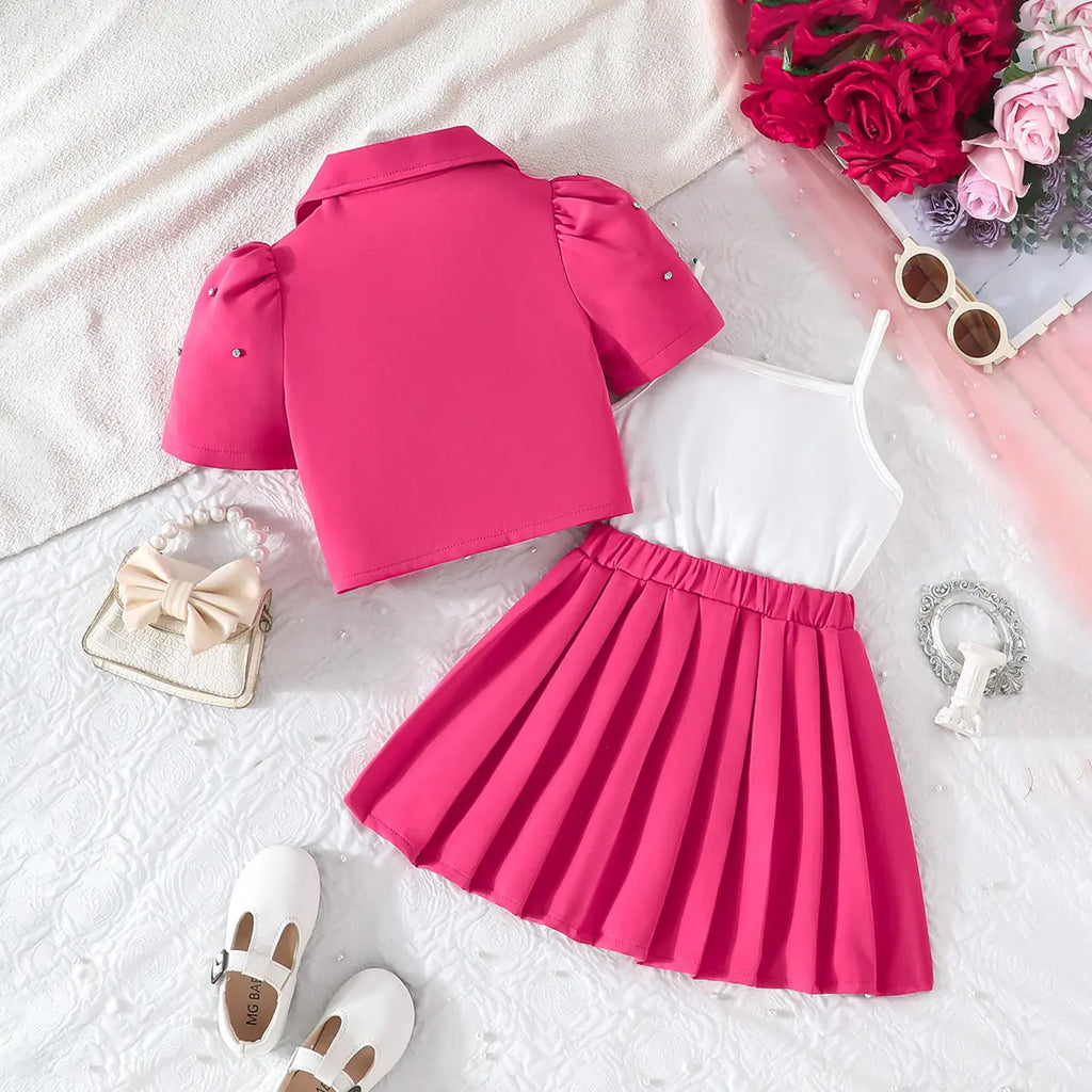 Girls Fuchsia Floral Applique Top With Camisole Top & Pleated Skirt Sets 3 pc. Sets