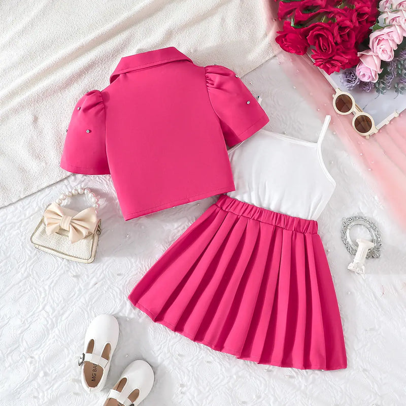 Girls Fuchsia Floral Applique Top With Camisole Top & Pleated Skirt Sets 3 pc. Sets