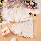 Girls Apricot Self Stripes Halter Top With Shorts Co-ord Sets