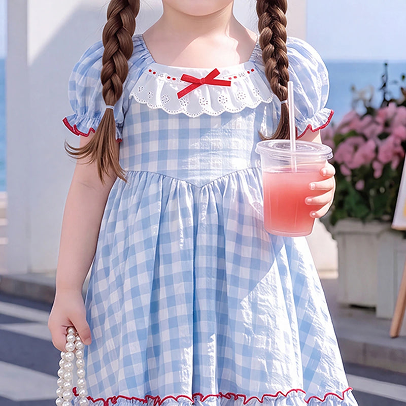 Girls Blue Checked Puff Sleeve Flared Dress Casual Dresses