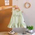 Girls Light Green Bow Appliqued A-line Dress With Ruffled Hem Casual Dresses Light Green 1-2 Y